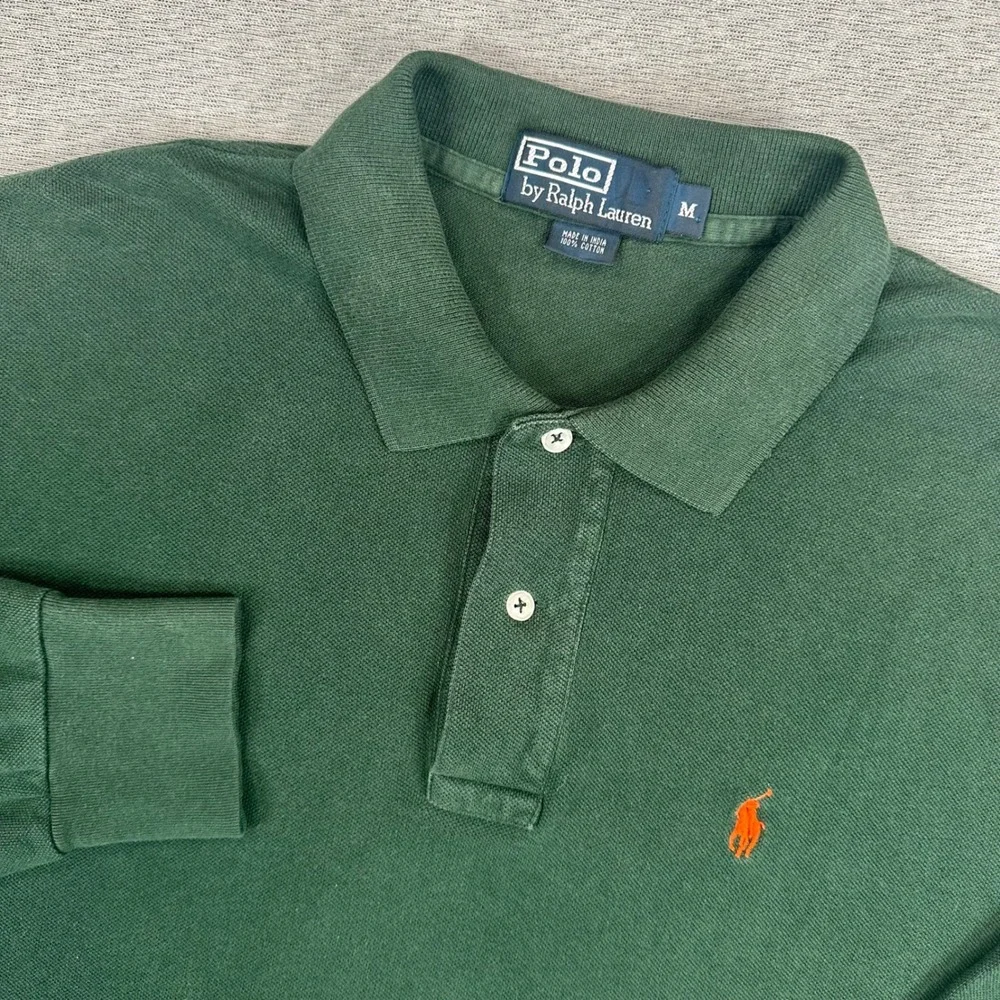 Ralph Lauren Long Sleeve Polo Shirt Mens M Green Orange Pony Cotton Preppy